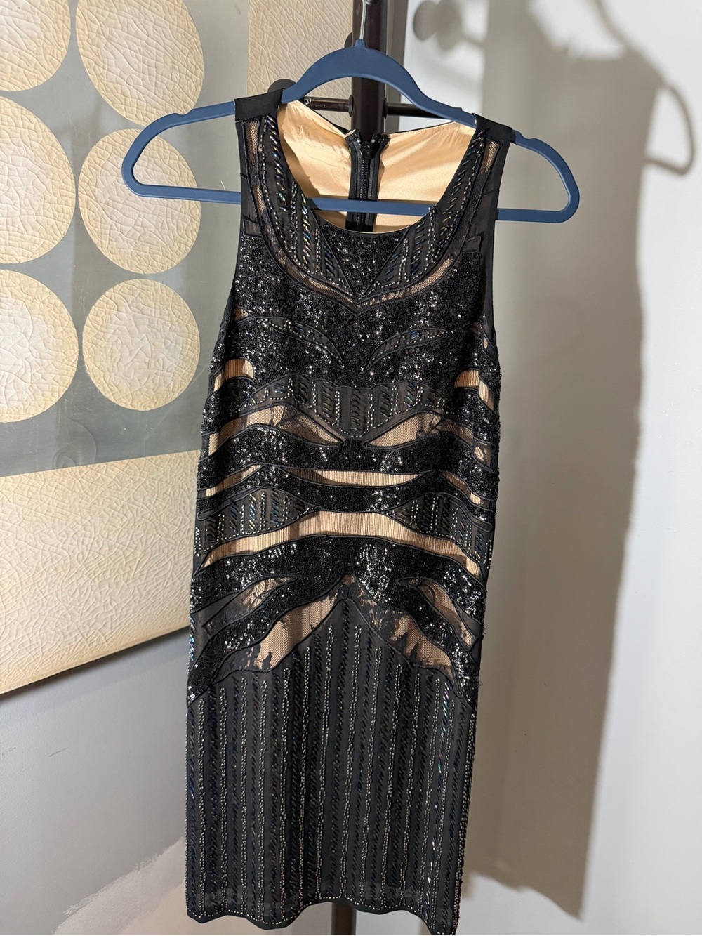 bebe Black Sequin & Nude Illusion Mini Dress